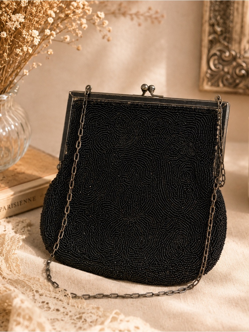 vintage black beaded evening bag with mirror